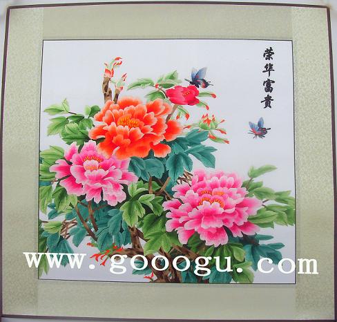 蘇繡牡丹畫，正方形牡丹刺繡畫